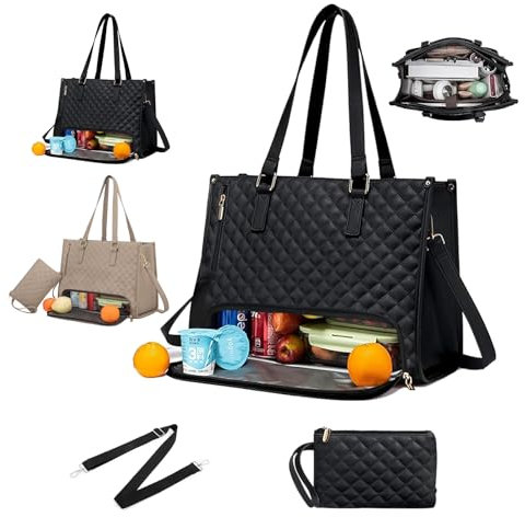 Gonggi Lunch Tote Bags with Insulated Lunch & Laptop Compartment for Women, 2 in 1 Large Office Work Handbags, Laptop Bag for Girls Ladies School Travel (Black)