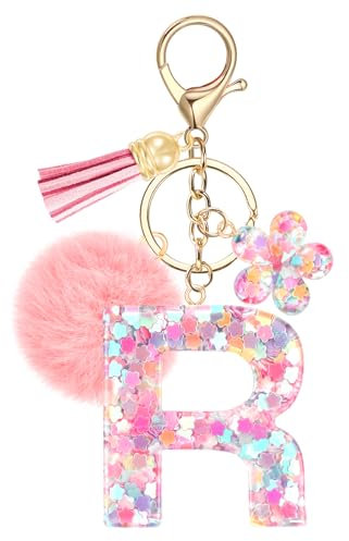 JSRQT Portachiavi con Iniziale R Rosa per Donne Ragazze, Nome Portachiavi Lettere dell'alfabeto in Resina a Fiore con Ciondoli a Pompon, Carino Ciondolo alla Moda Key Chain per Borse e Zaini