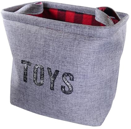 Rosewood Dog Toy Storage Basket - Grey Basket with Red Check Print Interior, Soft Fabric, Carry Handles - Lightweight Dog, Cat and Puppy Toy Organiser - Pet Storage Solution for Home - 33 x 24 x 30 cm