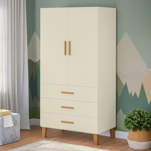 Bellabino Liri Kinderkleiderschrank – Kleiderschrank Kinderzimmer 2-türig mit 3 Schubladen in Beige/Natur – Babyzimmer Schrank für Mädchen & Jungen – 183 x 56 x 90 cm (HxTxB)