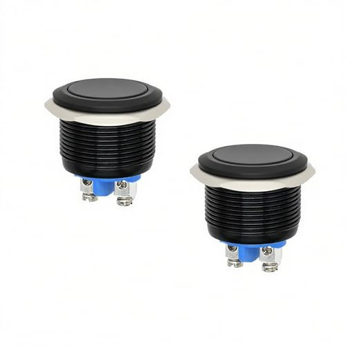 2 Stück 22 mm Drucktaster 12V, Momentaner Taster Schalter aus Aluminiumgehäuse, 1NO SPST Schraubklemme, Wasserdichter Push Button, Mini Taster für 12V / 230V (Schwarz)
