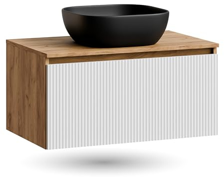 Planetmöbel Arisa Waschtisch mit Unterschrank 80 cm Gold Eiche | weiß, (geriffelt), Waschbecken 42 cm schwarz, Raumsparsiphon