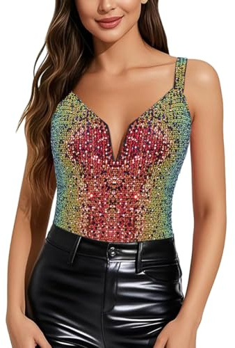 Naimo Damen Pailletten Bodysuit Sexy V-Ausschnitt Bodys Party Club Cami Ärmellos Glitzer Tank Top