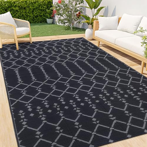 Homaxy Outdoor Teppich Wetterfest 270x360cm, Schwarz & Grau | Beidseitig Nutzbar, Wasserdicht, Boho Design, Für Terrasse, Garten, Balkon, Camping, Picknick