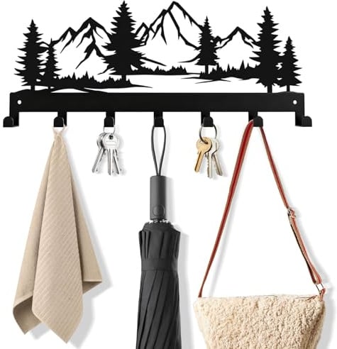 Coiejdoyy Schlüsselhalter aus Metall, Wand Schlüsselbrett mit 7 Haken, Multifunktionales Schlüsselhaken, Schlüsselablage Wand, Schneebedeckter Bergwald Schlüsselboard, Schlüsselaufhänger