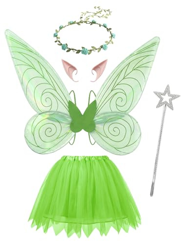Feen Kostüm Damen Feenflügel Erwachsene Elfenohren Blumenkranz Halloween Kostüm Accessoires, Karneval Geburtstag Weihnachten Rollenspiel Theme Party (Grün)