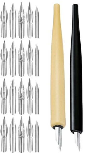 Alipis 2 Pieces Wooden Handle Dip Pens for Artists with 20 Refillable Nibs Set – and Black Flat Tip Calligraphy and Manga Drawing Fountain Pens for Ink Sketching and Comic Inking