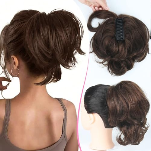 Pferdeschwanz Verlängerung Echthaar 12 30cm Kurz Braun Klammerclip Unordentlicher Dutt Haarteil DIY Biegbare Metalle Weiches Echthaar Wellig Kieferclip Pferdeschwanz Frauen 100g #2