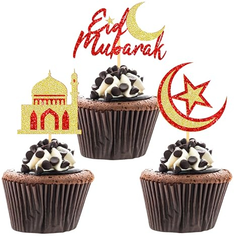 24 Stück Glitzer Umrah Mubarak Cupcake Toppers, Eid Mubarak Kuchendeko, Ramadan Deko, Islam Deko Tortendeko für Islamische Muslimische Festival Party Dekoration (Rot Gold)