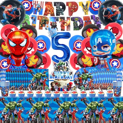 101 pièces de vaisselle de fête de super-héros, décoration d'anniversaire, fournitures de décoration de fête de super-héros, assiettes, chapeau d'anniversaire, nappe, serviettes de table, numéro 5