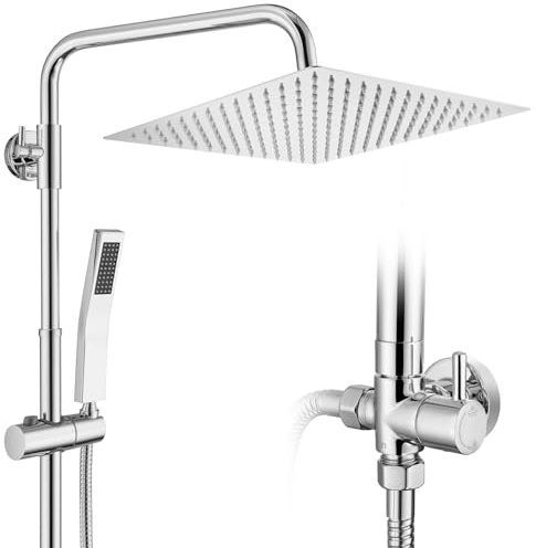 Auralum Edelstahl Regendusche ohne Armatur,Regenduschkopf 30x30CM,Duschsystem mit Höhenverstellbar Duschstange,Edelstahl Handbrause,Messing-Umschaltventil,vorhandene Bohrlöcher,Duschset Chrom