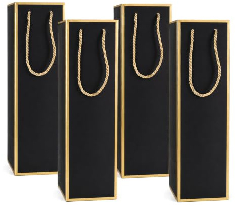 4x4x11 Inch Whiskey Bottle Gift Bags 4 PCS Luxury Wine Gift Bag Reusable Liquor Bags with Gold Foil Print, Black Bottle Bags for Wine Spirits Party Wedding Gifts with Handle