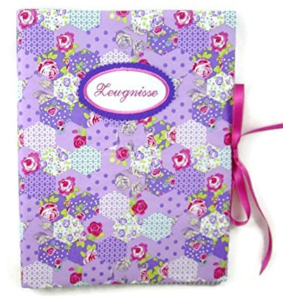 bettina bruder - Zeugnismappe DIN A4 - innen 30 Sichthüllen - Patchwork Blumen lila pink - innen Vichykaro