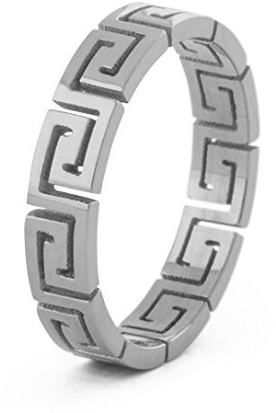 Akitsune Argius Ring | Eleganter Damen Ring mit Griechischen Ornament Muster | Design-Ring für Frauen und Herren Edelstahl Filigran Mäander - Silber - US 10