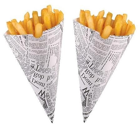 100 - Newspaper Print Fish & Chips Fast Food Take Away Packaging Tray Burger Boxes (Chip Cone)