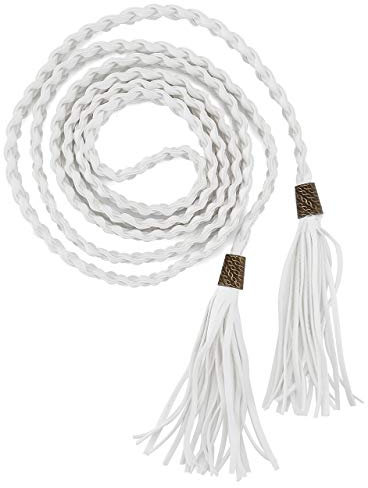 Ayliss Women Tassel Braided Waist Belt Skinny Woven Belt for Dress, White, One Size