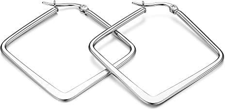 Flongo Damen Groß Ohrringe, 20-50mm Breite Edelstahl Gestüt Reifen Huggie Ohrringe Creolen Silber große viereckig quadratisch Poliert Charme Elegant Damen Frauen