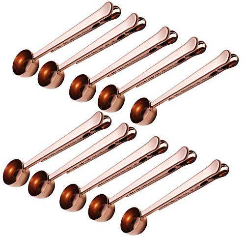 10 PCS Scoop with Clip,2-in-1 Stainless Steel Coffee Scoop and Bag Clip for Measuring Coffee, Tea，Protein Powder, Instant Drinks (Rose Gold)