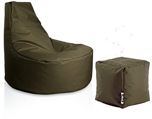 PATCH HOME Gamer Sessel Sitzsack inkl. Würfel Bean Bag Set Ø80cm, 30cm Sitzhöhe, 90cm Höhe + 35x35cm Würfel Khaki