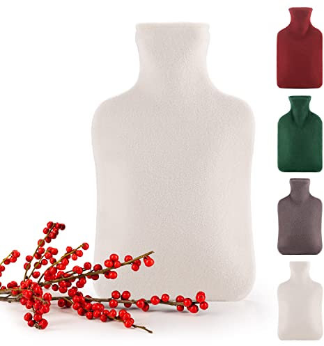 Blumtal Premium Wärmflasche mit Bezug aus Polar Fleece - Wärmeflasche aus Naturkautschuk - Wärmflasche mit Bezug - Hot Water Bottle Luxus - auslaufsichere Bettflasche - Wärmflasche flauschig Weiß