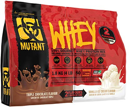 MUTANT WHEY – 2 Flavors in 1 Bag! 100% Whey Protein Powder, Gourmet Taste, 22g of Protein, 10.4 g EAAs, 5 g BCAAs, Fast Absorbing, Easy Digesting, Triple Chocolate and Vanilla Ice Cream - 1.8 kg