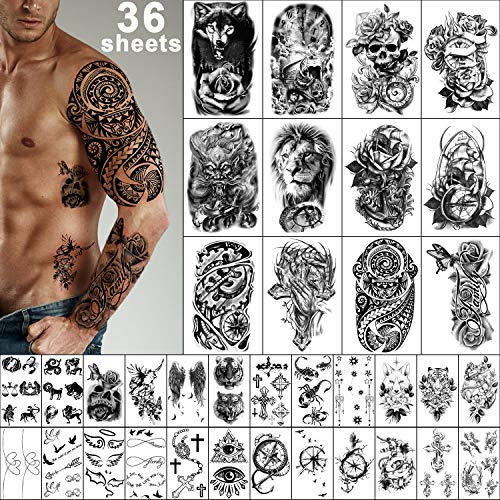 Yazhiji 36 Sheets Temporary Tattoos Stickers, 12 Sheets Fake Body Arm Chest Shoulder Tattoos for Men or Women with 24 PCS Tiny Black Tattoos