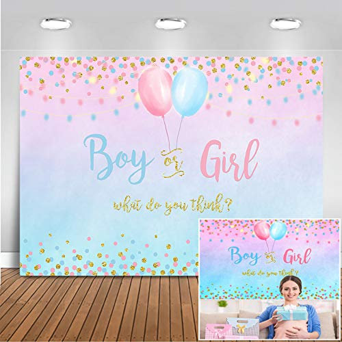Mehofoto Garçon Ou Fille Sexe Révèlent Toile de Fond Bleu Points Roses Ballon Photographie Fond 7x5ft Vinyle Genre Révèlent Bébé Douche Fête Bannière Décors