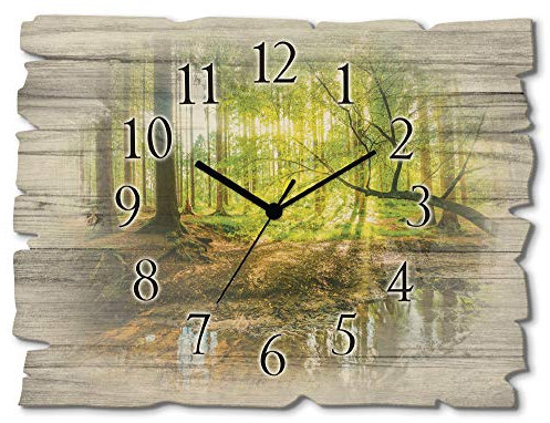 ARTLAND Wanddeko Wanduhr ohne Tickgeräusche aus Holz Quarzuhr 40x30 cm Rechteckig Lautlos Wald Landschaft Bach Sonne Natur Design Originell Nordic T9IO