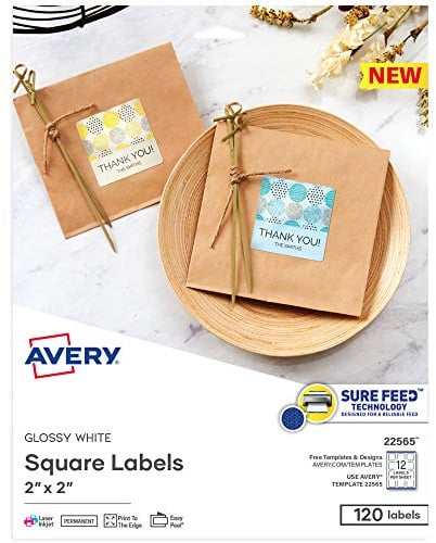 Avery Printable Blank Square Labels, 2 x 2, Glossy White, 120 Customizable Labels (22565)