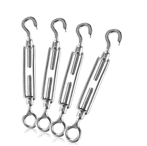com-four® 4X tenditori a Gancio e Occhiello M4, tenditori in Acciaio Inossidabile 304, tenditori di Fune per Il Fissaggio di Vele ombreggianti, tralicci e Altro (04 Pezzi - tenditore M4-4mm)