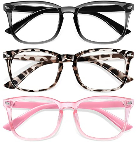 Okany Blue Light Glasses for Kids 3 Pack Blue Light Blocking Glasses for Girls Boys Computer Gaming Screen Glasses, Anti Glare Eyestrain Teen Fashion Glasses Age 3-10 (Grey Black+Leopard+Pink)