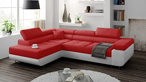 Ecksofa Miami mit Schlaffunktion, Eckcouch mit Bettkasten, L Form Couch, Ecksofa mit Bettkasten, Sofagarnitur mit Schalffunktion, Ottomane Links (Rot + Weißer Kunstleder -EKO)