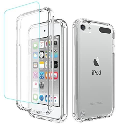 Gufuwo Schutzhülle für iPod Touch 6/Touch 5/Touch 7 hülle mit gehärteter Glasschutzfolie,Transparente 360°-Vollschutz-Konstruktion - Hartschale + TPU Handyhülle für iPod Touch 7 transparent