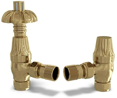 UK Radiators Polished Brass Thermostatic Radiator Valve and Angled Lockshield Valve - Polished Brass Finish - Traditional Design 1/2 x 15mm Metal Head Radiator Valve