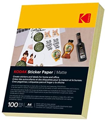 KODAK Stickerpapier A4 selbstklebende Etiketten 100 Blatt geeignet für Laser/Inkjet/Kopierer für universelle Etiketten (Matt)