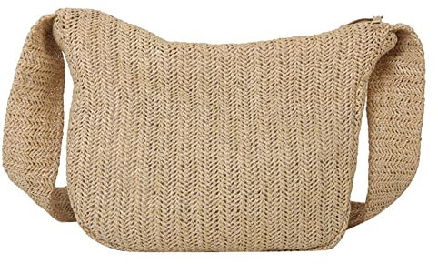 LYEAA Bolsa cruzada tejida de paja de verano, hecha a mano, a la moda, casual, simple, color sólido, elegante para vacaciones junto al mar, Khaki, as shwon