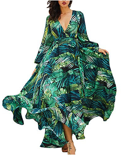 HAOLEI Maxi Dresses for Women UK Elegant Wedding Guest Green Leaves Print Summer Dresses Sale Long Sleeve Sexy V Neck Wrap Dress Flounce Ladies Beach Boho Dress Evening Party Blackless Long Dresses