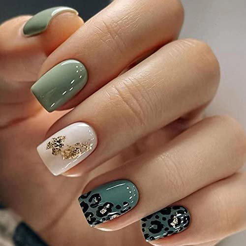 Ceboic 24 Pièces Faux Ongles Français Carré Court Glossy Ongles à Coller Ballerine Leopard Print Press on Nails Acrylique Capsules Ongles pour Femme et Fille Nail Art