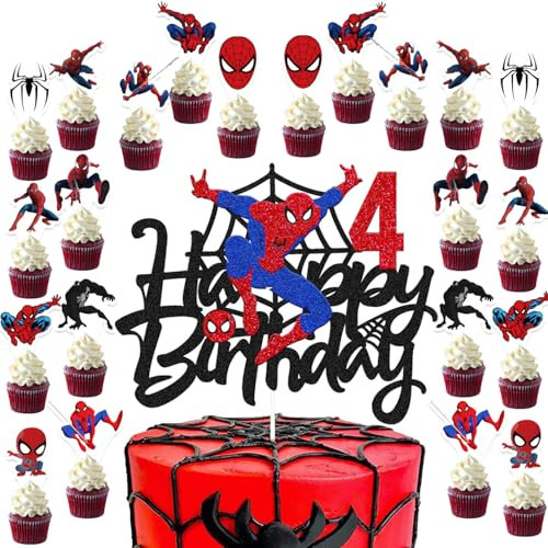 25 Pcs Spider Cake Toppers 4 Cake Decorations 4th Birthday Spider Cupcake Toppers for Birthday Party Supplies