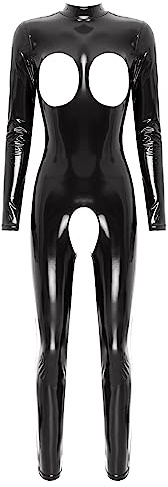 CHICTRY Womens Latex Jumpsuit Long Sleeve Hollowing Out Full Body Catsuit Bodysuit Rompers Nightclub