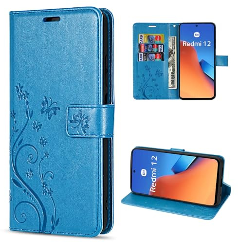 betterfon Hülle Kompatibel mit Xiaomi Redmi 12 | Premium PU Leder Handyhülle Wallet Case für Redmi 12 | Schutzhülle Blumen Klapphülle Handyhülle | Blau