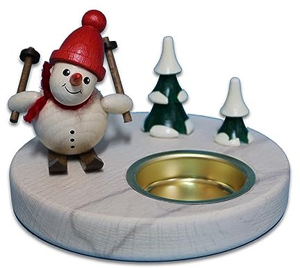 Holzwaren Egermann Leuchter aus Holz - Teelichthalter mit süßem Schneemanndesign - Motiv: Ski & rote Mütze - Durchmesser: ca. 11 cm - Made in Germany