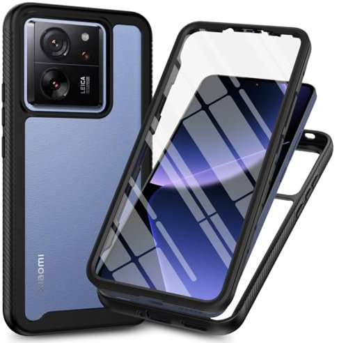 RonRun Kompatibel mit Xiaomi 13T/ Xiaomi 13T Pro Hülle, 360° Grad vollschutz Stoßfest Handyhülle Transparent Hülle Silikon Bumper Cover mit eingebautem Displayschutz Schwarz
