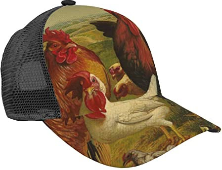 LAMAME Baseballkappe mit Hummer und Krabbe, bedruckt, modische gebogene Krempe, verstellbare Netzkappe, lässige Kopfbedeckung, Hühner und Bauernhof, 5-7