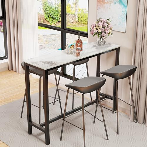 FATIVO Mesa de Bar Alta Mármol Rectangular: 120 x 40 x 105 cm Mesa Barra Comedor Barra Americana Cocina de Piedra Sinterizada para Cóctel Bistro Hogar Cafetería Tapas, Blanca Jade Brillante