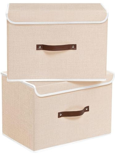Yawinhe Collapsible Storage Box, Fabric Bin with Lids 2 Pack, Closet Baskets with Handle, for Organizing Clothes, 38x25x25cm, Beige, SNK018BE-2