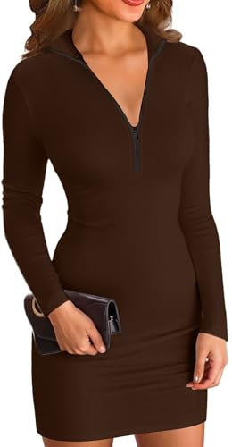 ELFIN Robe Moulante pour Femme Manches Longues côtelées Fermeture éclair Col Montant Courte Robe de Sport Automne Décontractée Café foncé., S