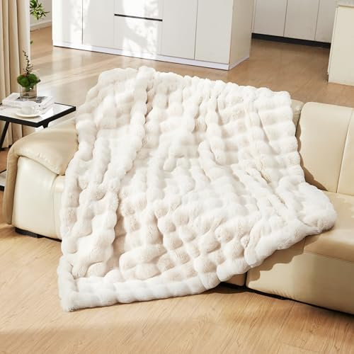YBIKE Kunstpelz-Kuscheldecke mit Hase-Design Wurfdecke aus Blasenstoff 200x150cm, Luxuriöse Flauschige und Weiche Pelz-Sherpa Decke für Bett, Sofa, Couch (Beige)