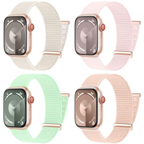 CeMiKa Compatible avec Bracelet Apple Watch 41mm 40mm 38mm 42mm Femme Homme,Band de Remplacement en Nylon Sport Loop Réglable à Velcro pour iWatch Serie 10 9 8 7 SE 6 5 4 3 Ultra 2 1,4 pièces