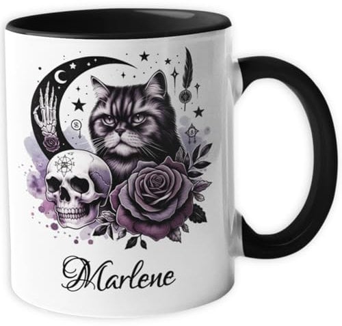 Personalisierte Gothic Tasse | Katze | Rosen | Totenkopf | Mond | Geschenk für Gothic - Metal Fans | Gothic Deko | 330 ml V25